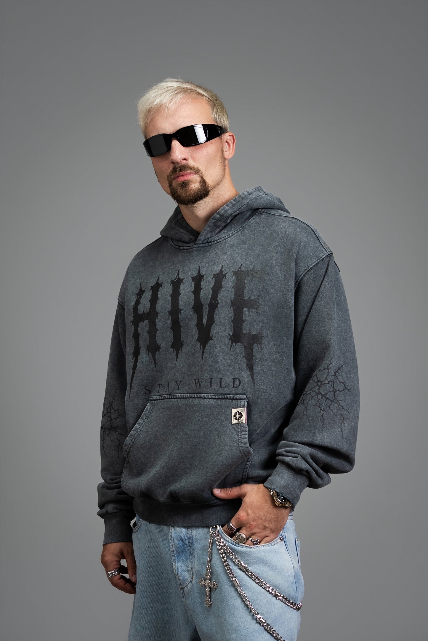 085 - HEAVY DISTRESSED GREY HIVE HOODIE