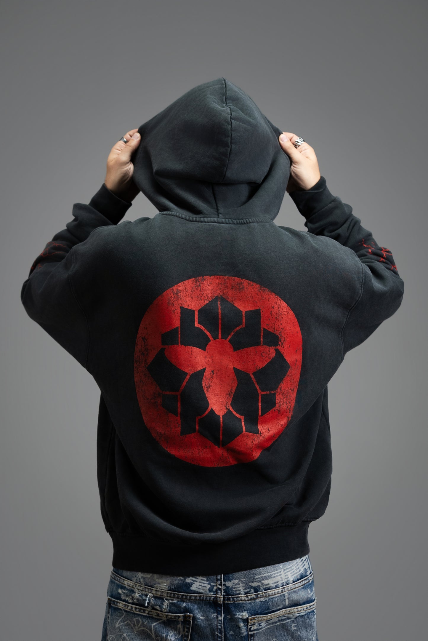 083 - HEAVY DISTRESSED RED TRIBAL HOODIE